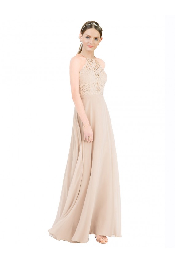 Soft Chiffon & Lace Halter Neck Sleeveless Keyhole Back Long Prom Dress / Bridesmaid Dress Kent