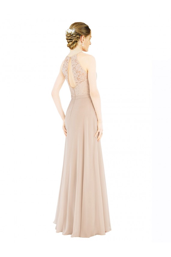 Soft Chiffon & Lace Halter Neck Sleeveless Keyhole Back Long Prom Dress / Bridesmaid Dress Kent