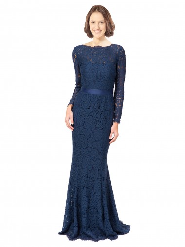 Lace Jewel Neck Long Sleeves V-Back Sweep Train Bridesmaid Dress Kent