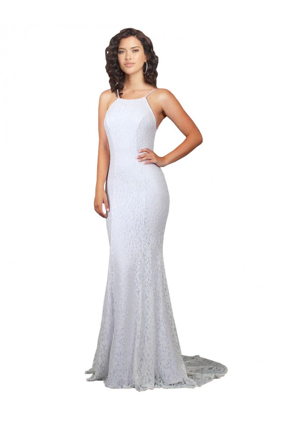 Lace High Neck Sleeveless Open Back White Sweep Train Wedding Dress Kent