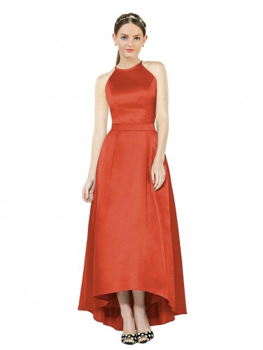 Satin Halter Neck Sleeveless High Low Bridesmaid Dress Kent