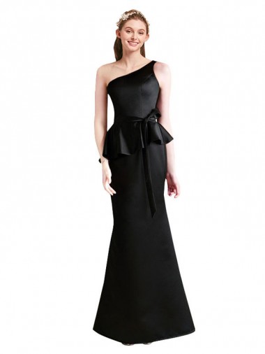 Satin One Shoulder Sleeveless Black Long Bridesmaid Dress Kent