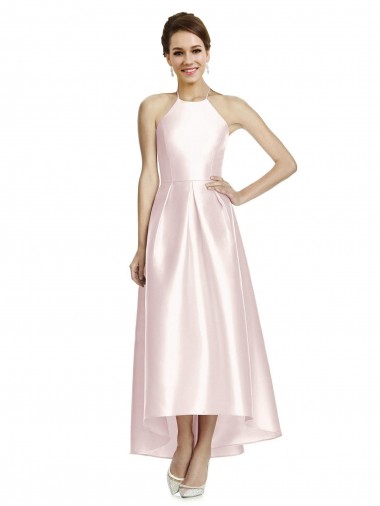 Satin Spaghetti Straps Sleeveless Open Back Long High Low Bridesmaid Dress Kent