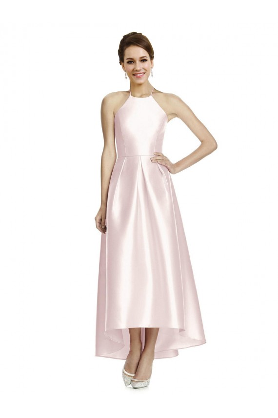 Satin Spaghetti Straps Sleeveless Open Back Long High Low Bridesmaid Dress Kent