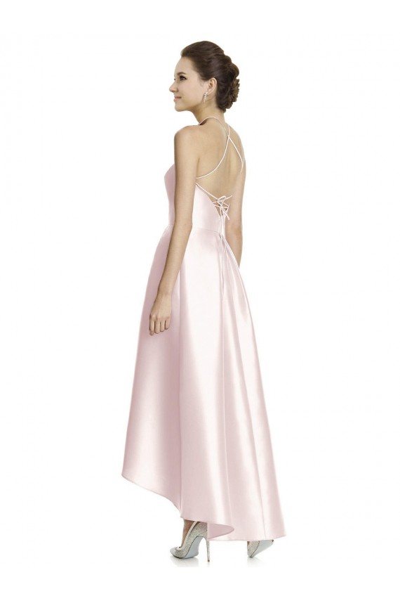 Satin Spaghetti Straps Sleeveless Open Back Long High Low Bridesmaid Dress Kent