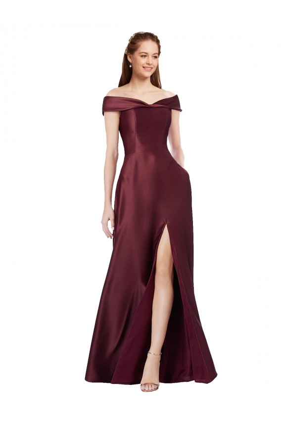 Satin Off the Shoulder Cap Sleeves Long Black Tie Evening Gown / Prom Dress / Bridesmaid Dress Kent