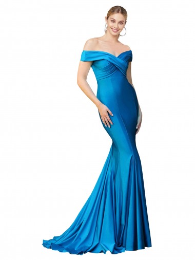 Satin Off the Shoulder Sleeveless Peacock Blue Long Formal Evening Gown / Prom Dress / Bridesmaid Dress Kent