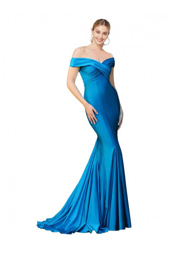 Satin Off the Shoulder Sleeveless Peacock Blue Long Formal Evening Gown / Prom Dress / Bridesmaid Dress Kent