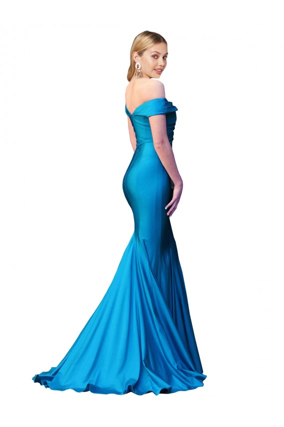 Satin Off the Shoulder Sleeveless Peacock Blue Long Formal Evening Gown / Prom Dress / Bridesmaid Dress Kent