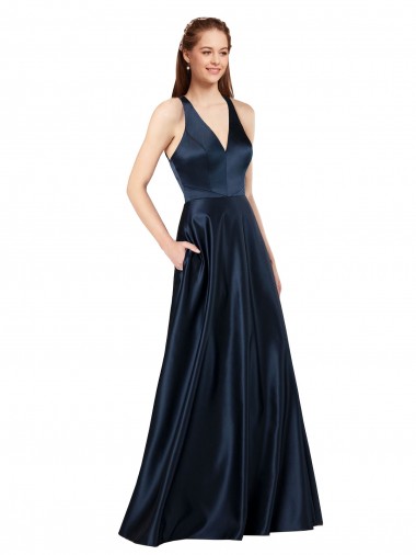 Satin V-Neck Sleeveless Keyhole Back Long Formal Evening Gown / Prom Dress / Bridesmaid Dress Kent