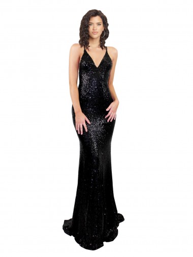 Sequin V-Neck Sleeveless Open Back Long Black Tie Evening Gown / Prom Dress / Bridesmaid Dress Kent
