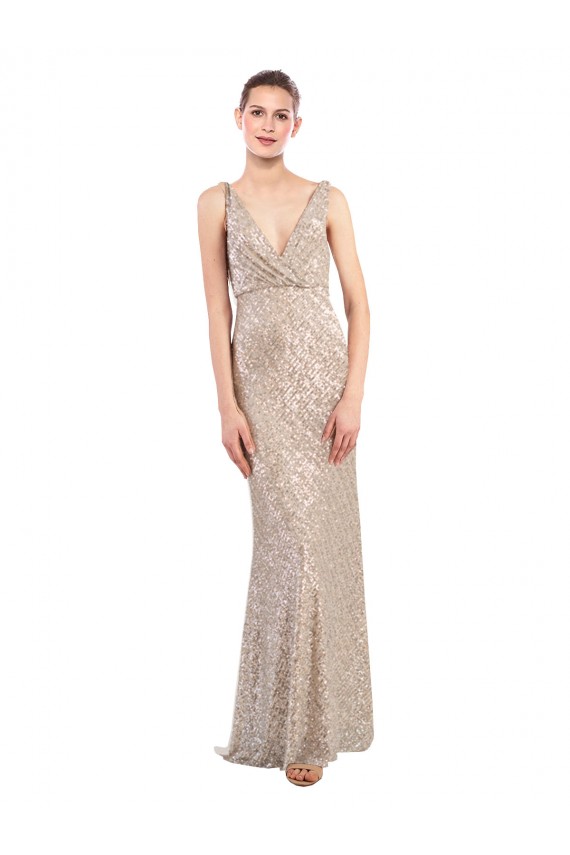 Sequin & Sparkling Sequin V-Neck Sleeveless V-Back Silver Long Formal Evening Gown / Prom Dress / Bridesmaid Dress Kent