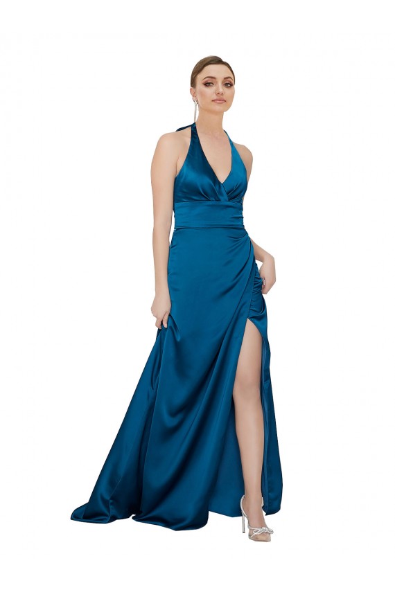 Silk like Satin Halter Neck Sleeveless Open Back Long Formal Evening Gown / Prom Dress / Bridesmaid Dress Kent