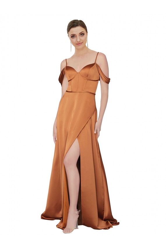 Silk like Satin Spaghetti Straps Cold Shoulder Low Back Long Formal Evening Gown / Prom Dress / Bridesmaid Dress Kent