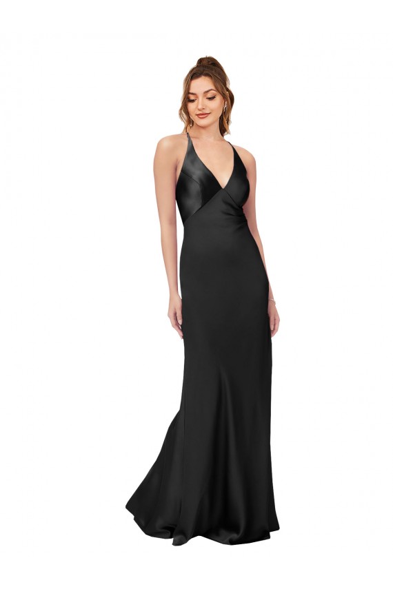Silk like Satin V-Neck Sleeveless Open Back Long Black Tie Evening Gown / Prom Dress / Bridesmaid Dress Kent