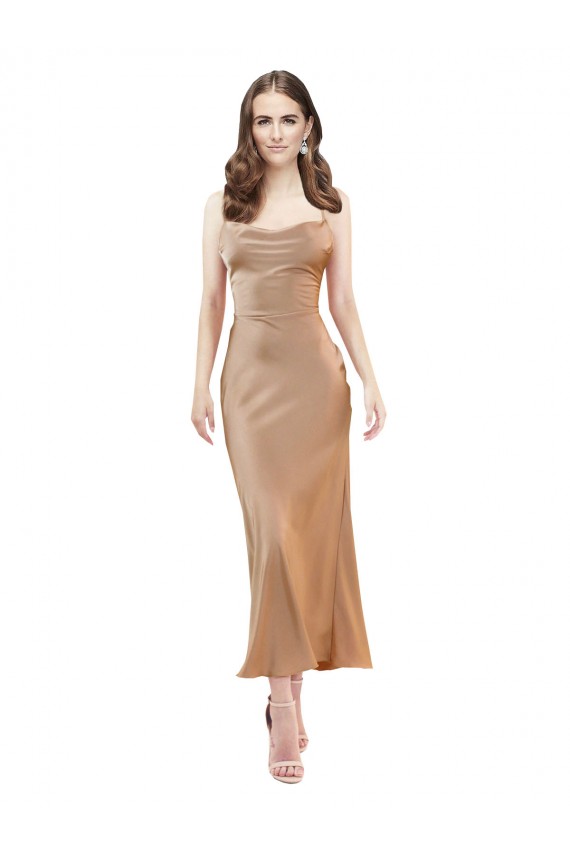 Silk like Satin Cowl Neck Sleeveless Open Back Midi Length Formal Evening Gown / Prom Dress / Bridesmaid Dress Kent