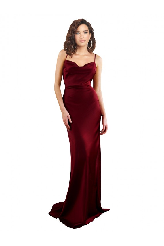 Silk like Satin Cowl Neck Sleeveless Open Back Burgundy Long Formal Evening Gown / Prom Dress / Bridesmaid Dress Kent