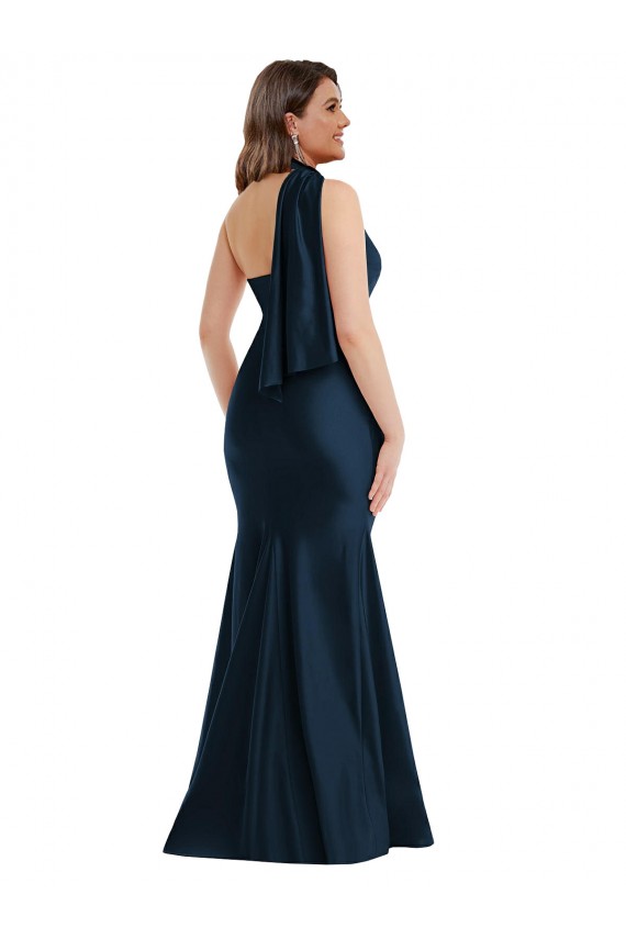 Silk like Satin One Shoulder Sleeveless Dark Navy Long Formal Plus Size Evening Gown / Prom Dress / Bridesmaid Dress Kent