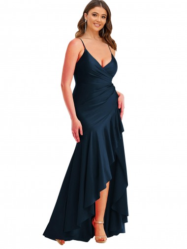Silk like Satin Spaghetti Straps Sleeveless Long High Low Plus Size Evening Gown / Prom Dress / Bridesmaid Dress Kent