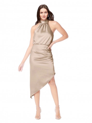 Silk like Satin Halter Neck Sleeveless Midi Length High Low Prom Dress / Bridesmaid Dress Kent