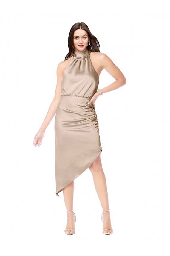Silk like Satin Halter Neck Sleeveless Midi Length High Low Prom Dress / Bridesmaid Dress Kent