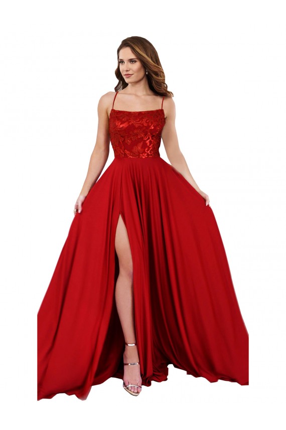Spandex & Lace Spaghetti Straps Sleeveless Open Back Long Semi Formal Evening Dress / Prom Dress / Bridesmaid Dress Kent