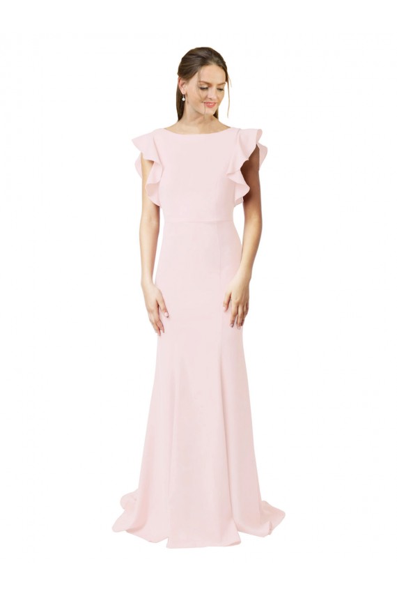 Stretch Crepe Jewel Neck Ruffle Sleeves V-Back Sweep Train Black Tie Prom Dress / Bridesmaid Dress Kent