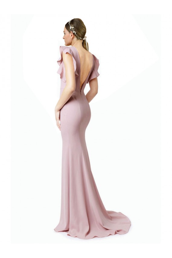 Stretch Crepe Jewel Neck Ruffle Sleeves V-Back Sweep Train Black Tie Prom Dress / Bridesmaid Dress Kent