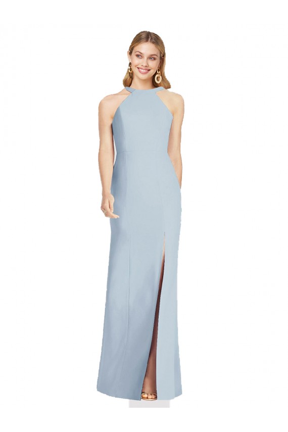 Stretch Crepe Halter Neck Sleeveless Open Back Light Sky Blue Long Formal Evening Gown / Bridesmaid Dress Kent