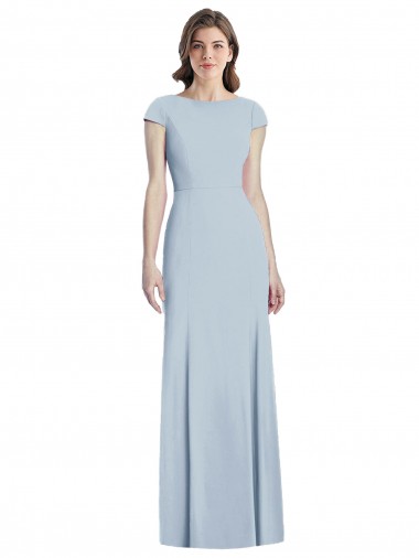 Stretch Crepe Bateau Neck Cap Sleeves Open Back Light Sky Blue Long Formal Dress / Bridesmaid Dress Kent