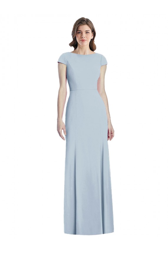 Stretch Crepe Bateau Neck Cap Sleeves Open Back Light Sky Blue Long Formal Dress / Bridesmaid Dress Kent