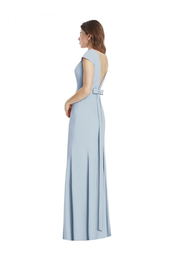 Stretch Crepe Bateau Neck Cap Sleeves Open Back Light Sky Blue Long Formal Dress / Bridesmaid Dress Kent