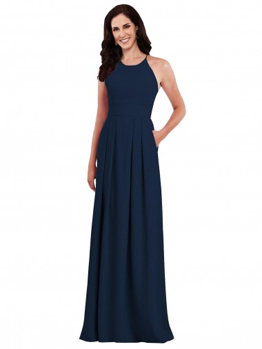 Stretch Crepe Halter Neck Sleeveless Open Back Dark Navy Long Semi Formal Evening Dress / Bridesmaid Dress Kent