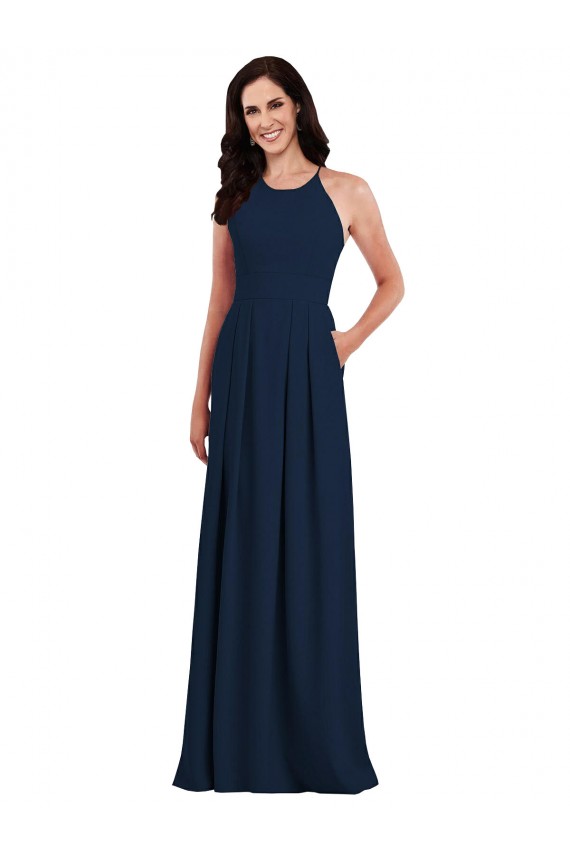 Stretch Crepe Halter Neck Sleeveless Open Back Dark Navy Long Semi Formal Evening Dress / Bridesmaid Dress Kent