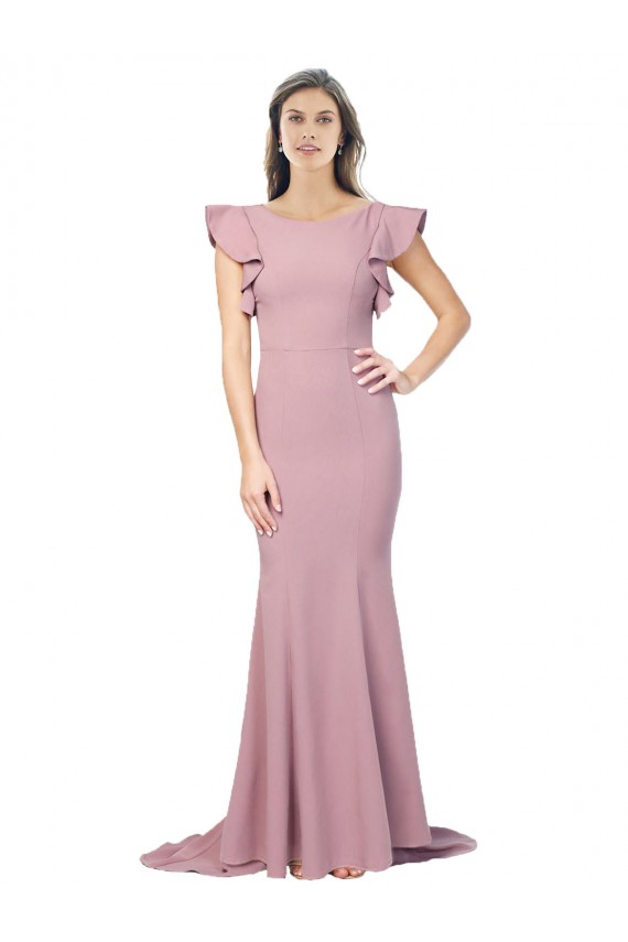 Stretch Crepe Round Neck Flutter Sleeves V-Back Sweep Train Formal Evening Gown / Prom Dress / Bridesmaid Dress Kent