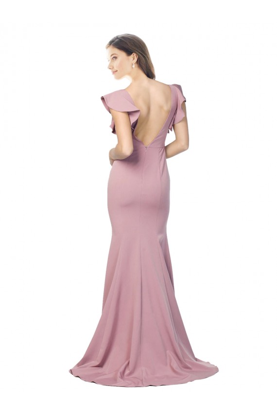 Stretch Crepe Round Neck Flutter Sleeves V-Back Sweep Train Formal Evening Gown / Prom Dress / Bridesmaid Dress Kent