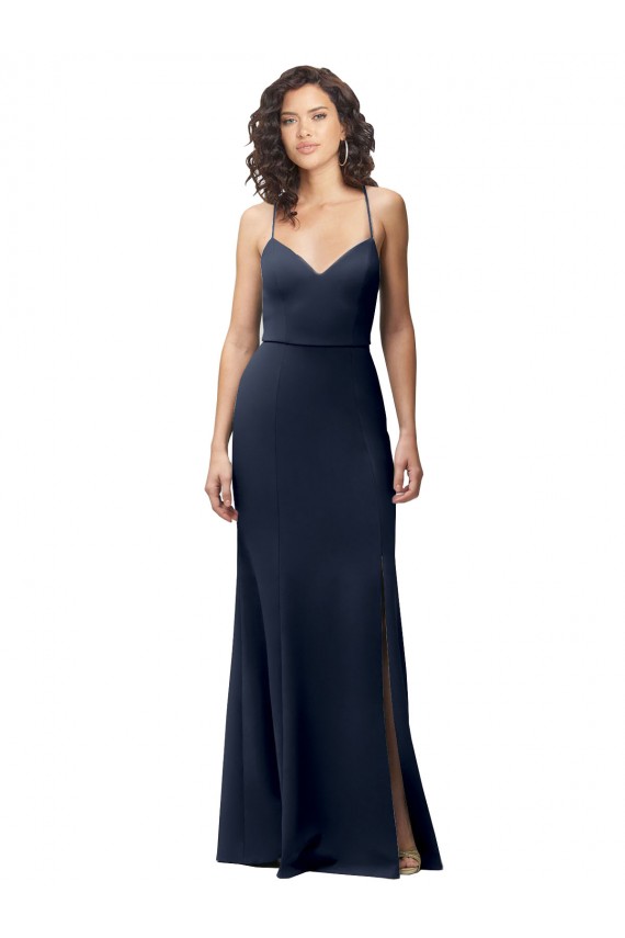 Stretch Crepe Spaghetti Straps Sleeveless Open Back Dark Navy Long Formal Evening Gown / Prom Dress / Bridesmaid Dress Kent