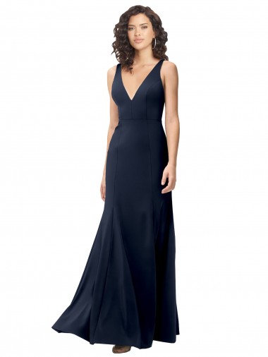 Stretch Crepe V-Neck Sleeveless V-Back Dark Navy Long Formal Dress / Bridesmaid Dress Kent