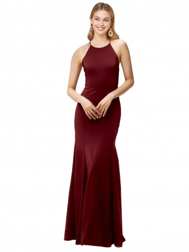 Stretch Crepe Halter Neck Sleeveless Open Back Burgundy Gold Long Formal Evening Gown / Prom Dress / Bridesmaid Dress Kent