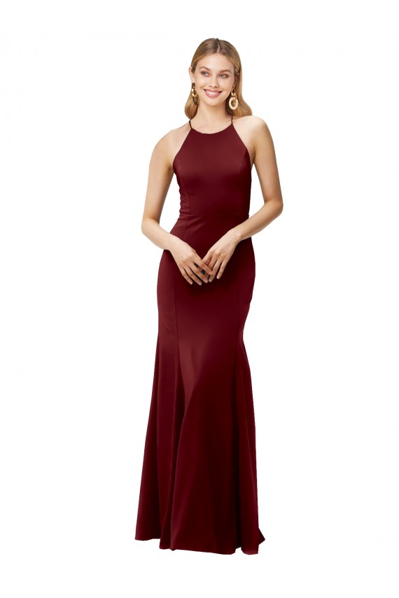 Stretch Crepe Halter Neck Sleeveless Open Back Burgundy Gold Long Formal Evening Gown / Prom Dress / Bridesmaid Dress Kent