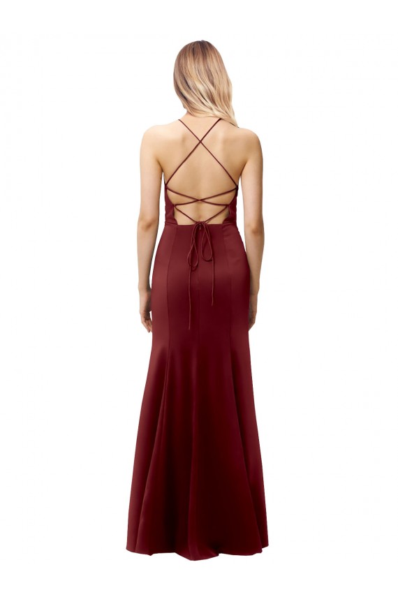 Stretch Crepe Halter Neck Sleeveless Open Back Burgundy Gold Long Formal Evening Gown / Prom Dress / Bridesmaid Dress Kent