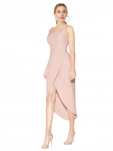 Stretch Crepe Spaghetti Straps Sleeveless V-Back Knee Length High Low Evening Gown / Prom Dress / Bridesmaid Dress Kent
