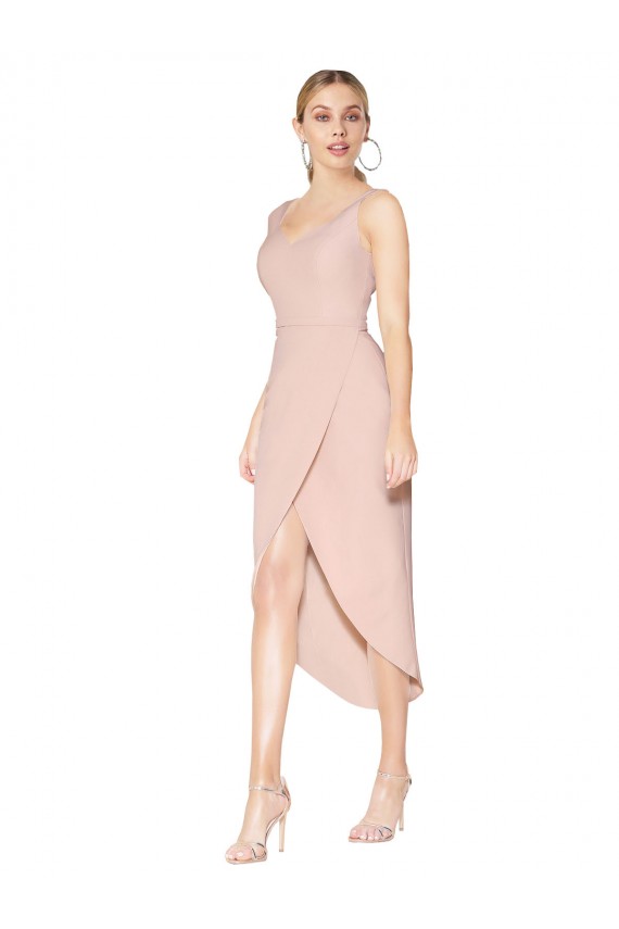Stretch Crepe Spaghetti Straps Sleeveless V-Back Knee Length High Low Evening Gown / Prom Dress / Bridesmaid Dress Kent