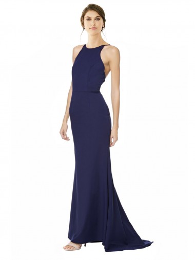 Stretch Crepe Halter Neck Sleeveless Open Back Navy Blue Long Formal Evening Gown / Prom Dress / Bridesmaid Dress Kent