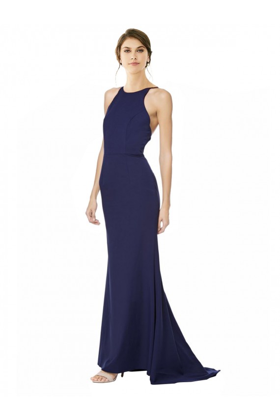 Stretch Crepe Halter Neck Sleeveless Open Back Navy Blue Long Formal Evening Gown / Prom Dress / Bridesmaid Dress Kent