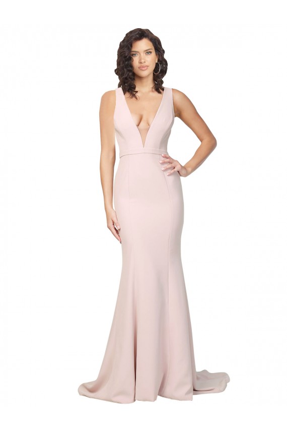 Stretch Crepe V-Neck Sleeveless V-Back Sweep Train Black Tie Evening Gown / Prom Dress / Bridesmaid Dress Kent