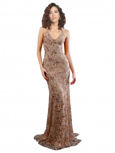 Stretch Crepe & Sequin Tulle V-Neck Sleeveless Open Back Rose Gold Long Formal Evening Gown / Prom Dress / Bridesmaid Dress Kent