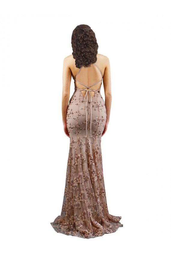 Stretch Crepe & Sequin Tulle V-Neck Sleeveless Open Back Rose Gold Long Formal Evening Gown / Prom Dress / Bridesmaid Dress Kent