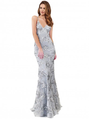 Stretch Crepe & Sequin Tulle V-Neck Sleeveless Open Back Silver Long Formal Evening Gown / Prom Dress / Bridesmaid Dress Kent
