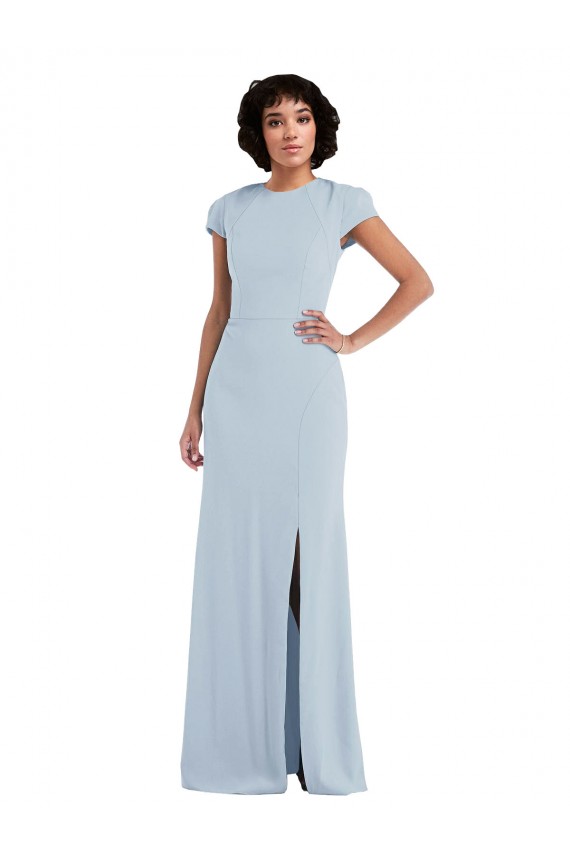 Stretch Crepe Jewel Neck Cap Sleeves Keyhole Back Long Semi Formal Evening Dress / Bridesmaid Dress Kent